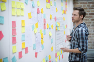 Creative business man organizing ideas and posting them